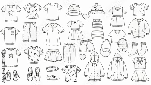 Collection of Childrens Clothing Sketches Line Art.