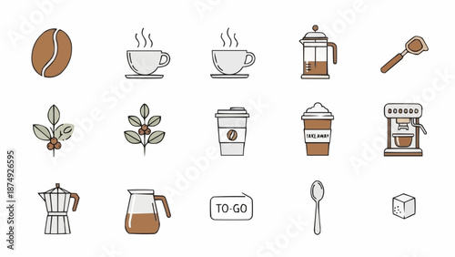 Collection of coffee related icons and symbols for design.