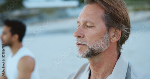 Tableau sur toile Men, breathing and meditation for mindfulness, beach and routine for peace, break and stress relief