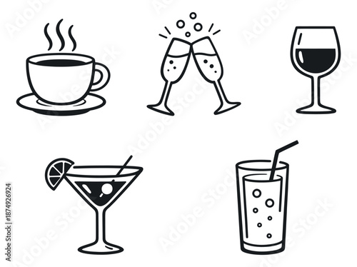Line art beverage icons set featuring coffee, wine, champagne, martini, and soft drinks for bar menus