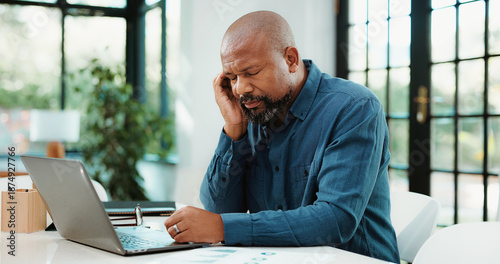 Tableau sur toile Fatigue, headache and black man in office with laptop for mistake, error or failure on finance report