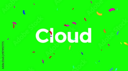 Vibrant colorful confetti rains down around the word cloud displayed prominently against a bright green screen background symbolizing celebration and technology.