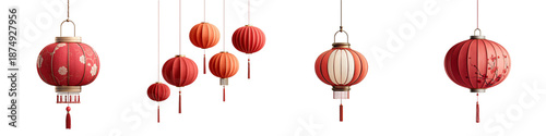 Red Chinese Lanterns Collection - Traditional Asian Decorations on White