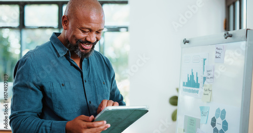 Canvas Print Tablet, research and reading with business black man in office for funding chart, project performance and graph