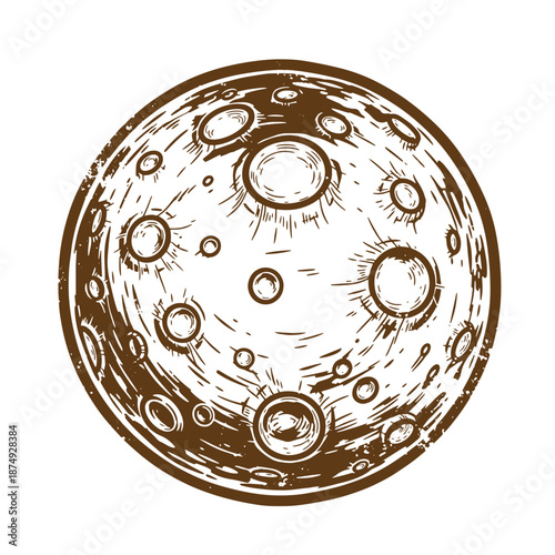 Drawing Vintage Illustration of a moon with craters and surface details in brown lines on white background  lunar surface texture
