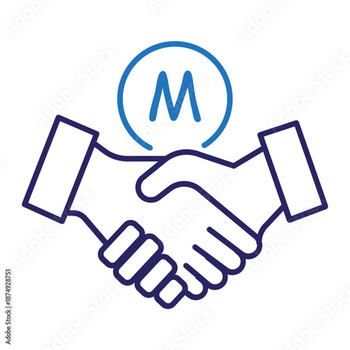 Two color gradient line icon of handshake with monetary symbol