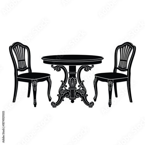 black wooden dining table and two matching chairs