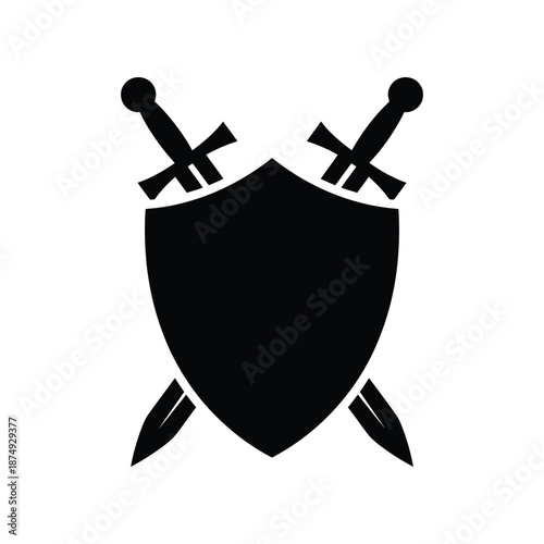 black shield with two crossed swords on top and dagger on bottom