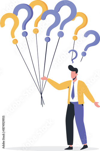 Question marks, finding solution or search for answer, solving problem or curiosity, questionnaire, FAQ or uncertainty concept, doubtful businessman holding question marks balloon look for solutions.