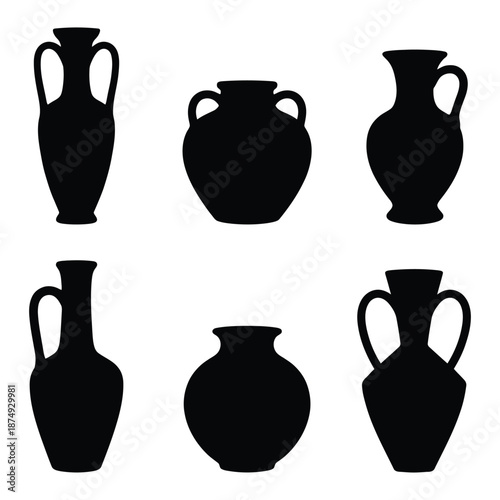six black silhouettes of various ancient style vases on white background