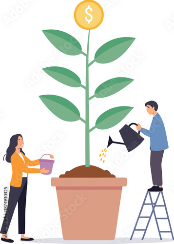 Mutual fund or growing investment, wealth profit growth or earning increase, savings or wealth management, pension fund concept, businessman investor watering stack dollar coin to grow money plant.
