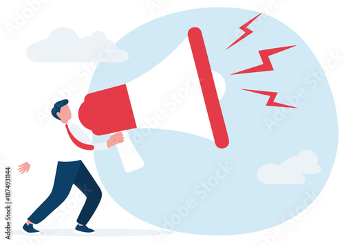 Announcement or storytelling, communication skill or shouting out loud, sending message or attention warning, speak or boss aggression concept, businessman boss shouting on megaphone or loudspeaker.