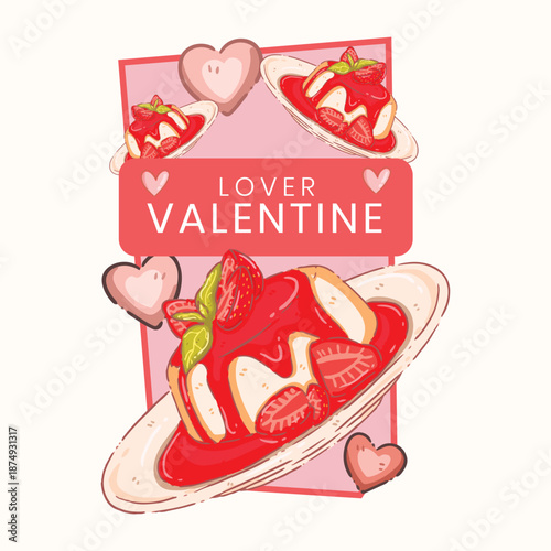 Label Valentine's Day strawberry panna cotta illustration with "Lover Valentine" typography.