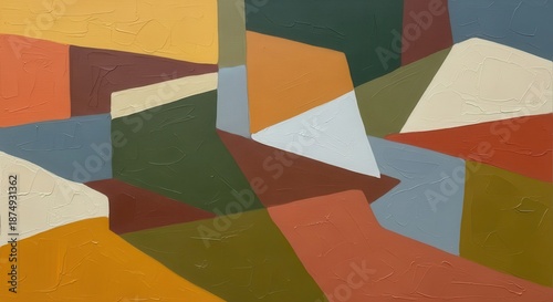 Abstract composition features rich earthy and muted cool tones in angular geometric shapes