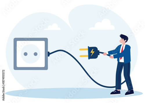 Electric plug with spark. Businessman turns off an electric plug with power outlet. Vector illustration design.