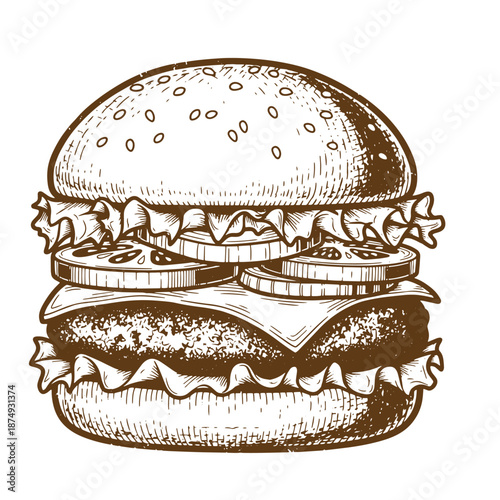 Drawing Vintage A detailed illustration of a hamburger with lettuce cheese and tomato slices on a sesame seed bun