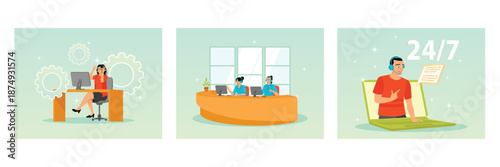 Busy Office Worker At Desk. Reception Desk With Two Agents. 24/7 Online Support Agent With Headset.