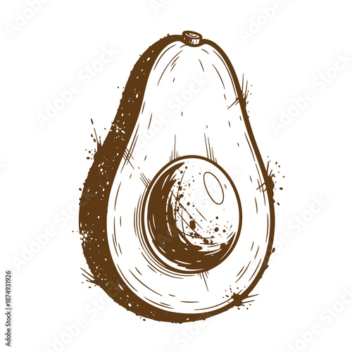 Drawing Vintage Avocado half with pit illustration in brown color on white background
