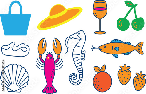 Summer vacation line art icon set featuring beach bag, sun hat, wine glass, cherries, fish, lobster, crab, shell, and strawberries.