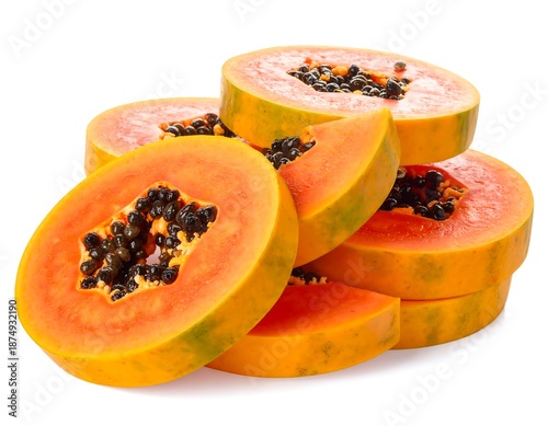 Sliced tropical fruit featuring vibrant orange flesh, dark seeds, and green-tinged peel. Pieces are arranged in a stacked, appealing composition