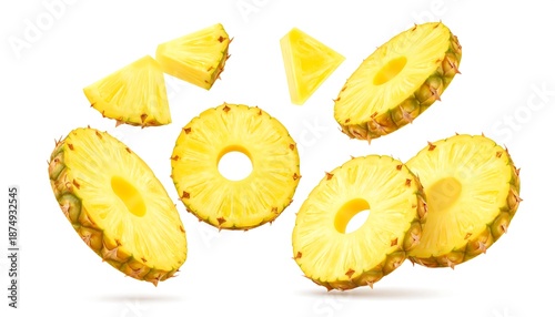 Sliced yellow fruit pieces, some with a central hole, float against a white background