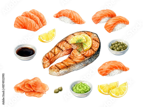 Watercolor Vector Illustration of Salmon Dishes – Grilled Salmon, Sashimi and Sushi with Lemon and Condiments Set