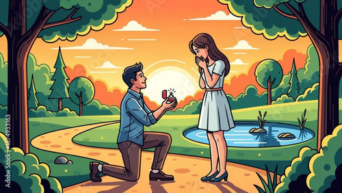 Man proposing marriage to woman in park at sunset romantic proposal with engagement ring illustration for love and relationship concepts