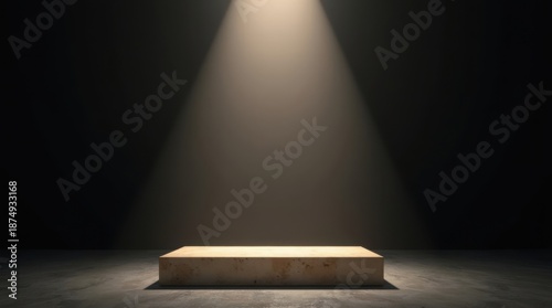 Empty wooden pedestal illuminated by a single spotlight in a dark room