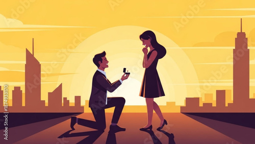 Man proposing marriage with ring to woman in city at sunset romantic proposal scene with skyscrapers and warm sky illustration for love and commitment