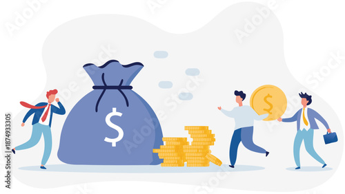 A group of businessmen carry gold coins from a huge purse