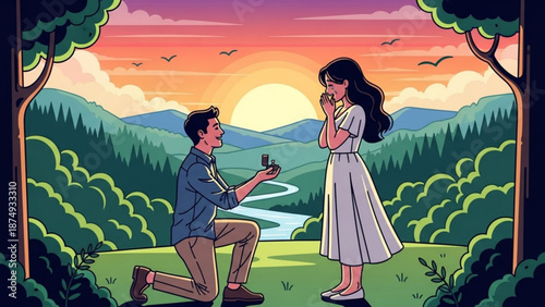 Man proposing marriage to woman in scenic landscape at sunset romantic proposal with engagement ring outdoor celebration concept