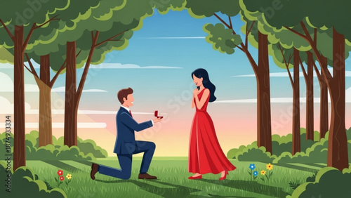 Man proposing marriage to woman with engagement ring in a park romantic proposal scene illustration for love and relationship concepts