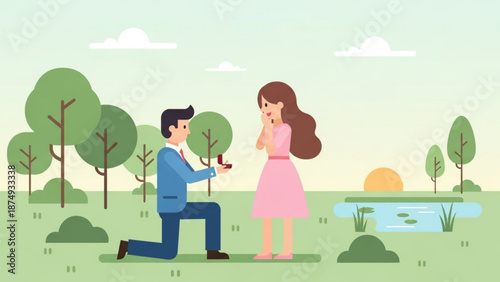 Man proposing marriage to woman in park with engagement ring romantic proposal scene flat vector illustration for wedding or relationship concepts