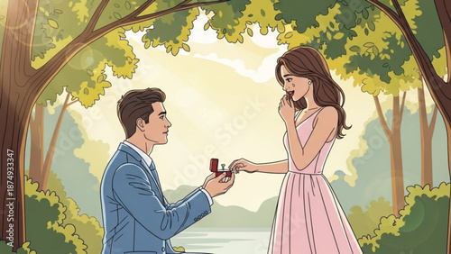 Man proposing marriage to woman in park with engagement ring romantic proposal scene illustration for love and relationship concepts