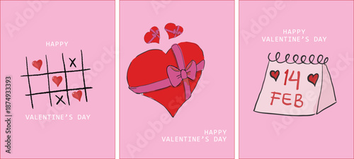 Happy Valentines Day cards in trendy hand drawn style with heart with ribbon, hearts tic tac toe, and valentine's day calendar. Template for ads, branding, banner, cover, label, poster
