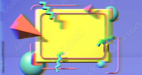 Abstract 90s styled frame with flying 3d objects and shapes