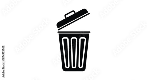 A simple black and white illustration of an open trash bin shown as a silhouette