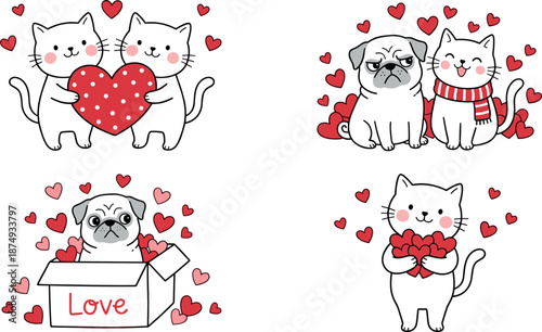 Cute love pets illustration with cats and pug dog hearts, romantic valentines character set, kawaii vector design collection