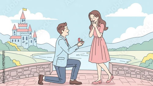 Man proposing to woman with engagement ring romantic moment with castle background illustration for wedding and love concepts