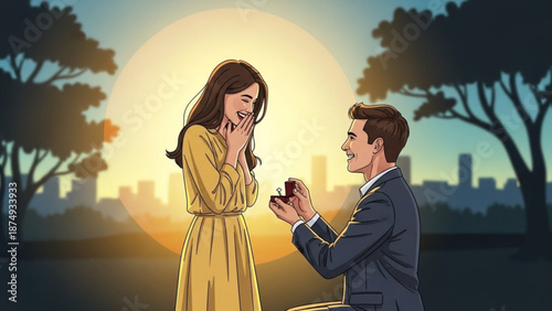 Man proposing marriage to surprised woman in park at sunset romantic proposal with engagement ring illustration for love and relationship concepts
