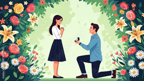 Man proposing marriage to woman in a garden setting surrounded by flowers romantic proposal concept for wedding or engagement