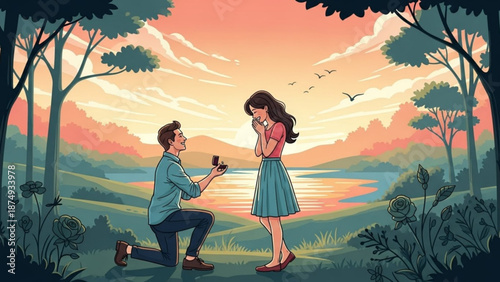 Man proposing marriage with a ring to a woman in a scenic landscape at sunset romantic moment illustration for love and relationships