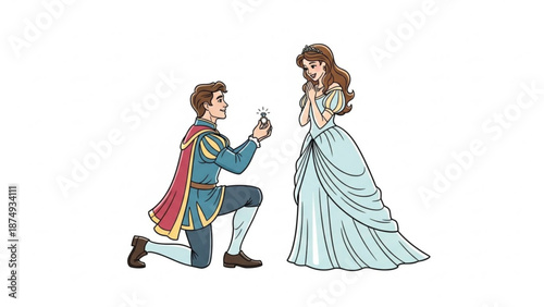 Prince proposing to princess with engagement ring fairytale romance scene illustration for storybook and wedding invitation design