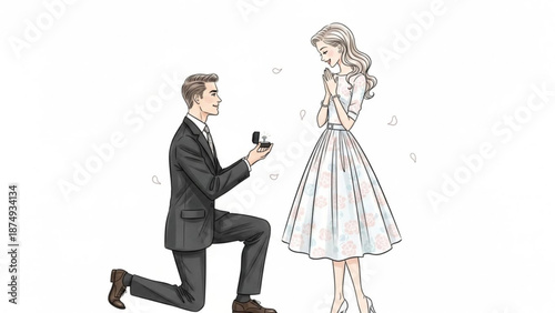 Man proposing marriage to woman with engagement ring romantic proposal scene illustration for wedding and love concepts