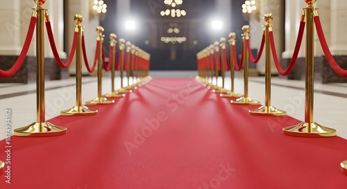 Elegant red carpet with golden stanchions and velvet ropes for a grand event.