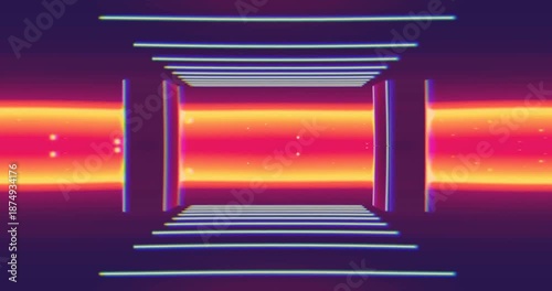 Neon 80s styled massive gate in retro game landscape with shiny road to the future