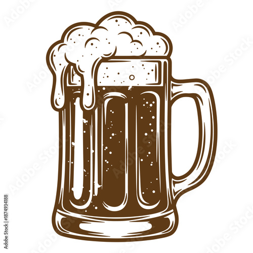 Drawing Vintage Brown beer mug with foam on top isolated on white background