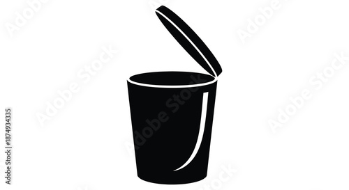 A simple black silhouette of an open waste bin or trash can with a hinged lid