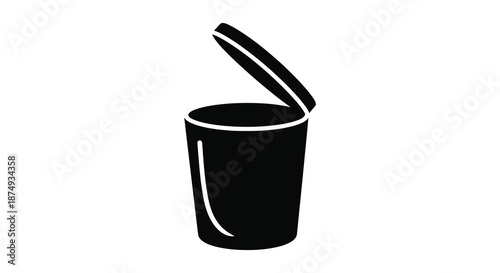 A simple black and white illustration of an open trash can showcasing waste disposal silhouette