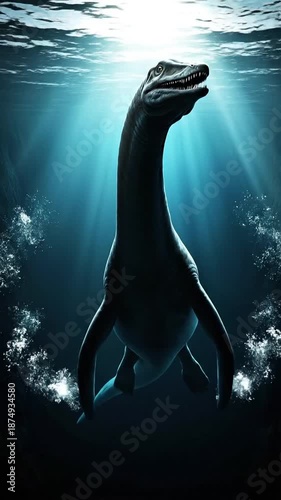 Realistic Illustration of a Swimming Marine Reptile in Deep Ocean Water with Rays of Light